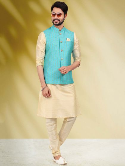 Cream Silk Kurta Pyjama With Printed Jacket