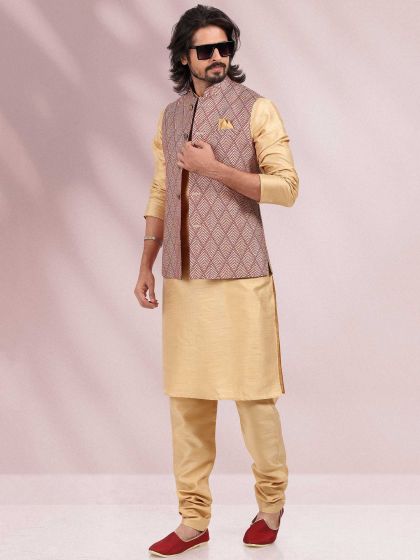 Beige Mens Kurta Pyjama With Printed Jacket