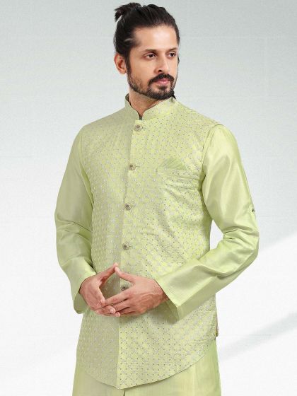 Green Kurta Pajama With Embroidered Jacket