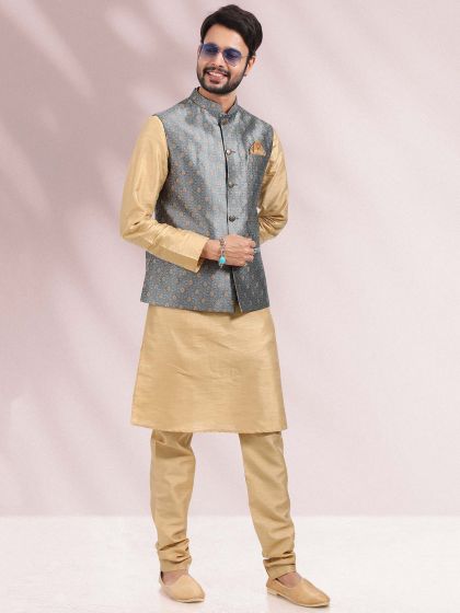 Beige Party Wear Kurta Pyjama With Jacket