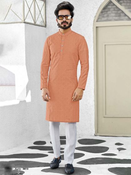 Peach Embroidered Kurta Pajama For Men