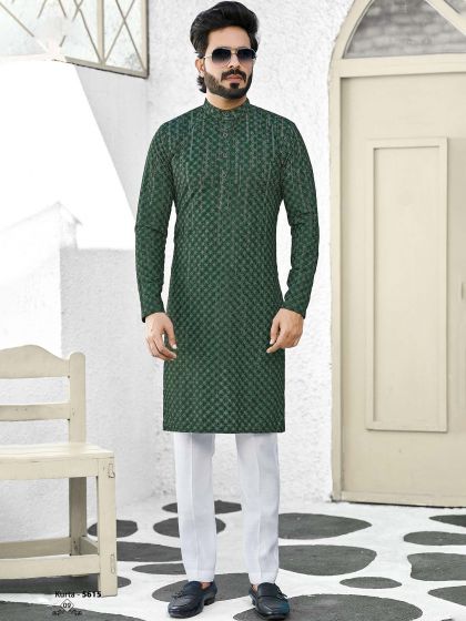 Readymade Green Printed Kurta Pajama Set