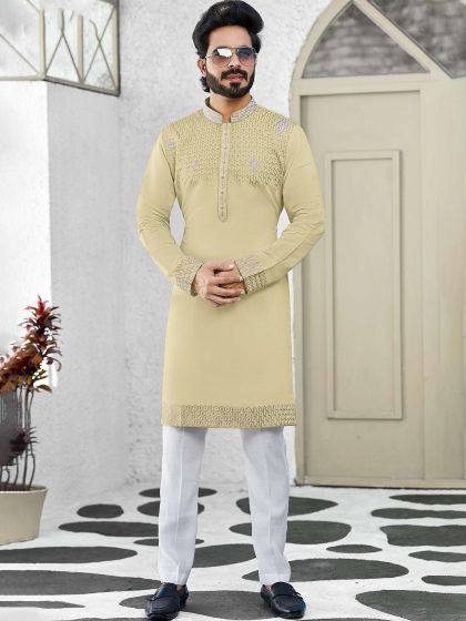 Cream Embroidered Kurta Pyjama For Men