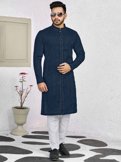 Blue Thread Embroidered Kurta Pyjama For Men