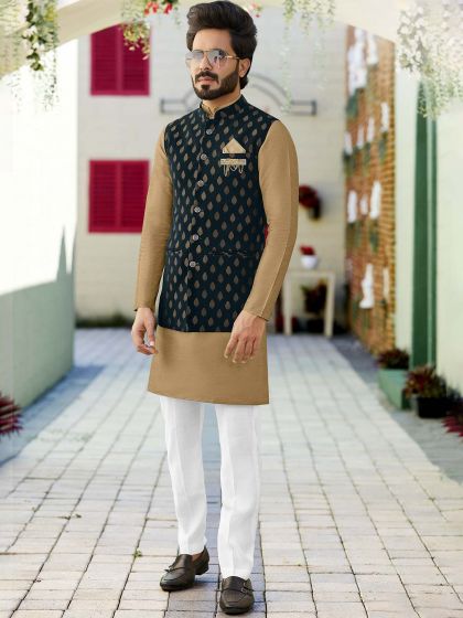 Brown Kurta Pajama With Jacket In Jacquard