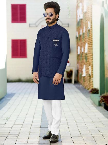 Blue Kurta Pyjama With Embroidered Jacket Set