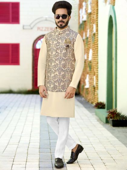 Cream Kurta Pyjama With Printed Jacket Set