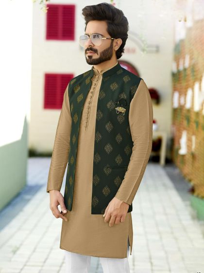 Beige Jacquard Kurta Pajama With Jacket Set