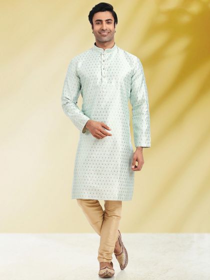 Light Blue Woven Mens Kurta For Men