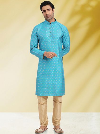 Blue Zari Woven Kurta Pajama In Jacquard