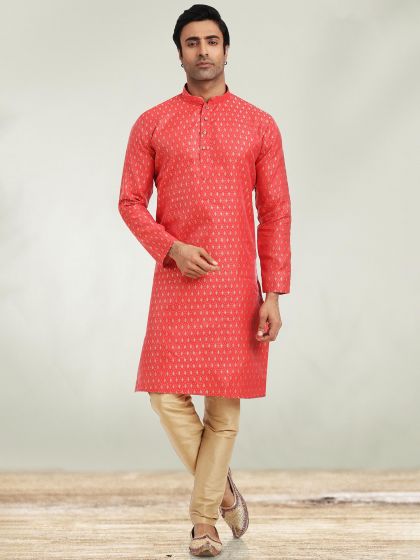 Orange Zari Woven Kurta Pajama In Jacquard