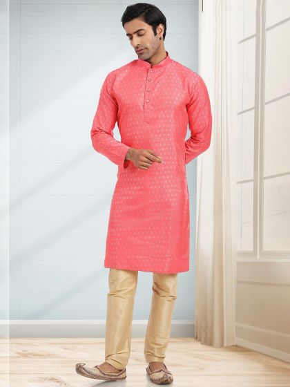 Peach Festive Kurta Pyjama In Jacquard