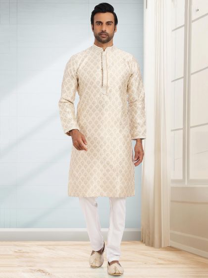 White Jacquard Festive Kurta Churidaar Set