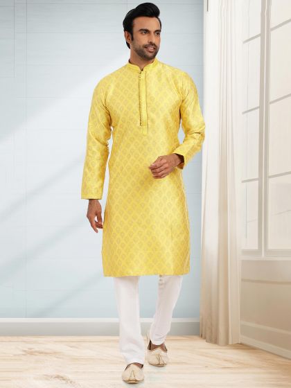 Yellow Kurta Pajama With Zari Weaves