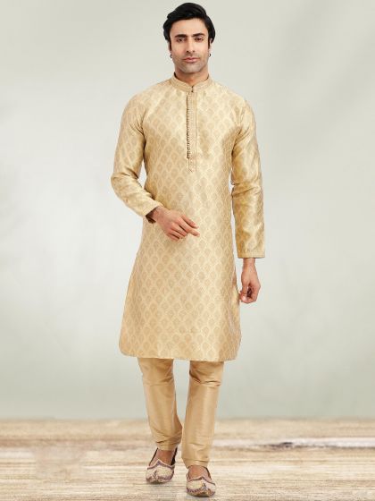 Beige Kurta Churidaar Set In Jacquard