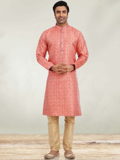 Peach Mens Kurta Pyjama In Jacquard