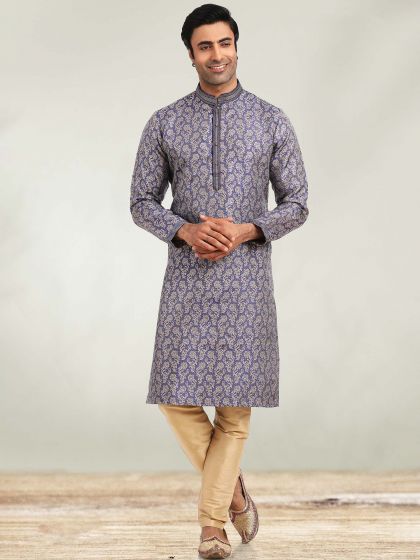 Blue Jacquard Kurta Churidaar Set For Men