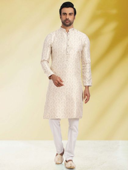 White Woven Kurta Churidaar In Jacquard