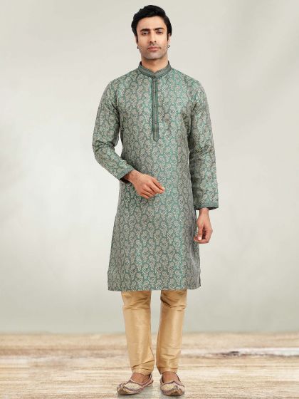 Green Festive Kurta Churidaar In Jacquard