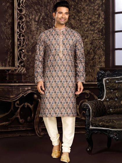 Brown Digital Printed Kurta Pajama In Cotton