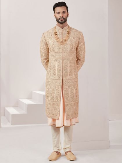 Cream Zardozi Work Sherwani Set In Silk