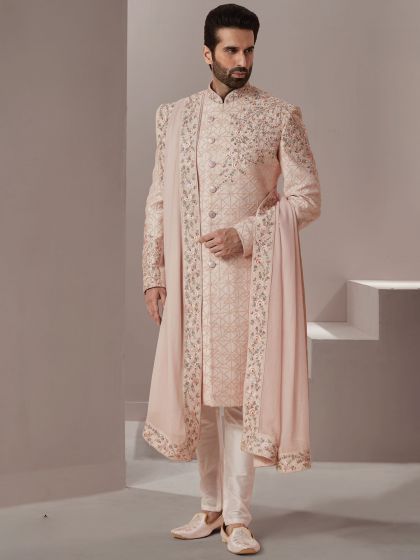 Off White Embroidered Silk Sherwani Set With Stole