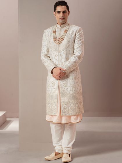 White Wedding Sherwani Set With Embroidery