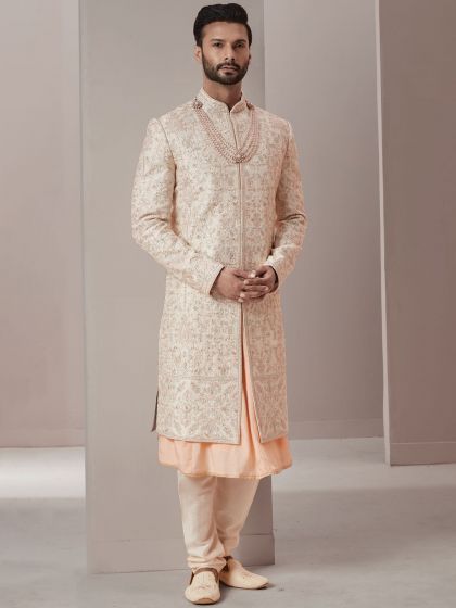 Peach Wedding Sherwani With Kurta Set