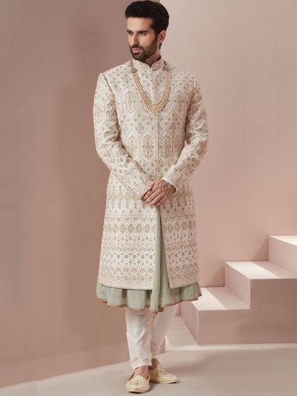 Off White Wedding Sherwani With Zardozi Embroidery