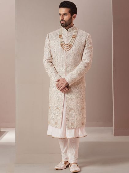 White Groom Sherwani Set With Embroidered Work