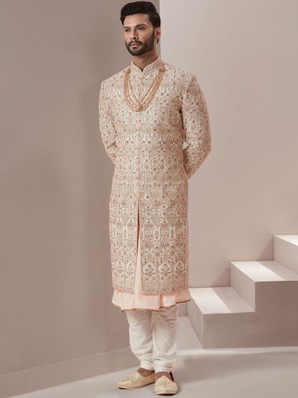 White Hand Work Groom Silk Sherwani Set