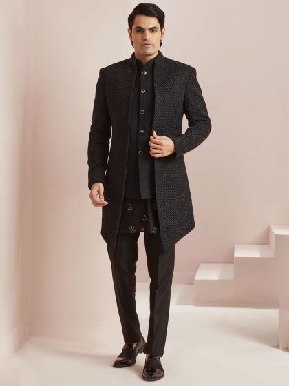 Black Layered Silk Indo Western For Men