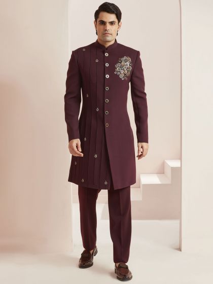 Maroon Readymade Embroidered Indo Western In Silk