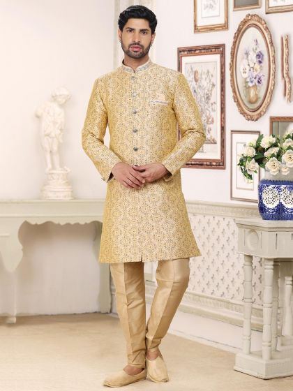 Cream Printed Jacquard Kurta Pajama For Men