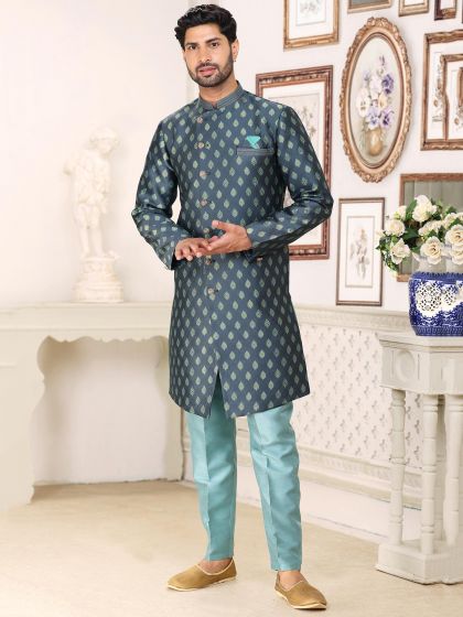 Blue Festive Woven Kurta Pajama In Jacquard