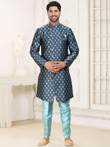 Blue Festive Kurta Pyjama With Weaves