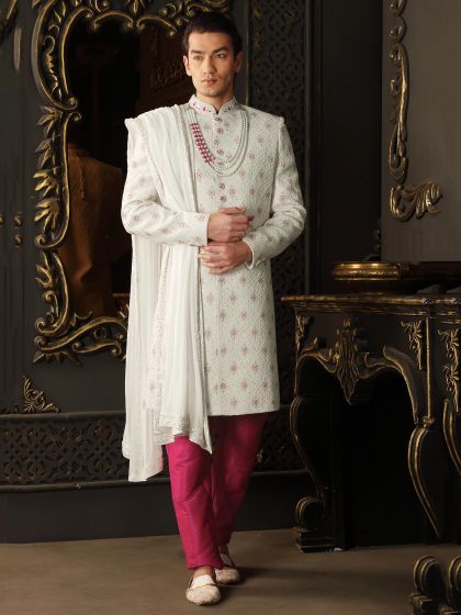 Off White Groom Hand Embroidered Sherwani In Silk