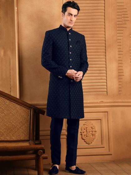 Blue Thread Embroidered Silk Indo Western For Men