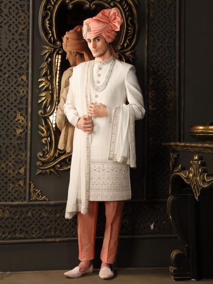 White Hand Embroidered Sherwani Set For Men