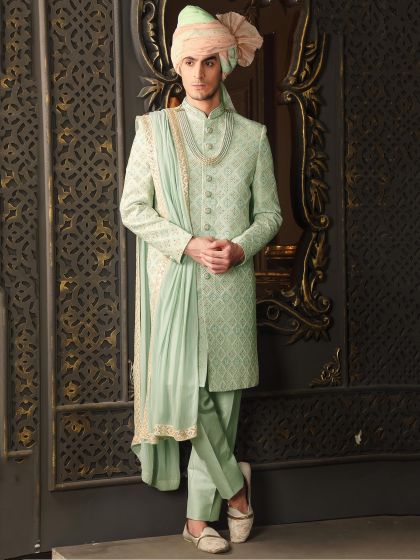 Green Hand Embroidered Groom Sherwani Set In Silk