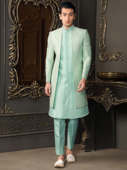 Green Layered Embroidered Indo Western In Silk