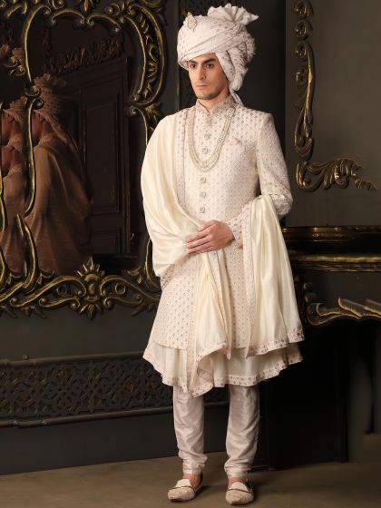 Cream Hand Embroidered Sherwani With Anarkali Kurta