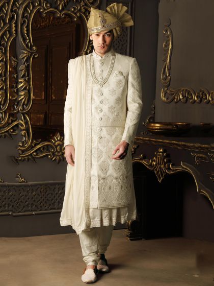 Readymade White Embroidered Sherwani With Anarkali Kurta