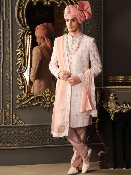 Peach Hand Embroidered Sherwani Set In Silk