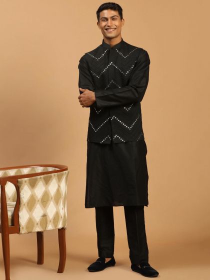 Black Art Silk Kurta Pajama With Mirror Work