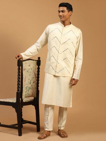 Off White Mirror Embroidered Kurta Pajama