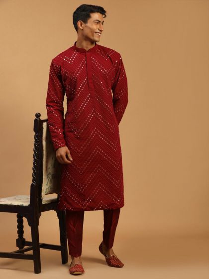 Red Mirror Embroidered Kurta Pyjama Set