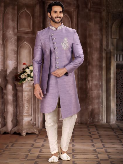 Purple Asymmetric Embroidered Indo Western For Men