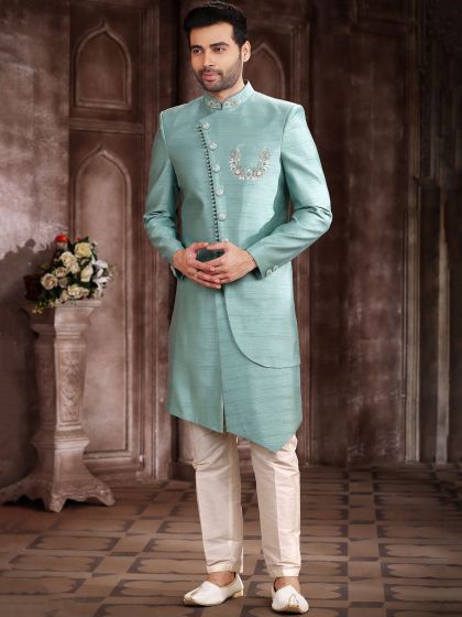 Blue Asymmetric Silk Indo Western For Groom