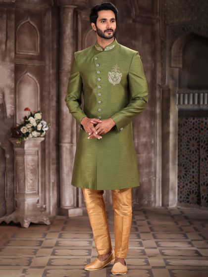 Green Art Silk Indo Western Set With Embroidery